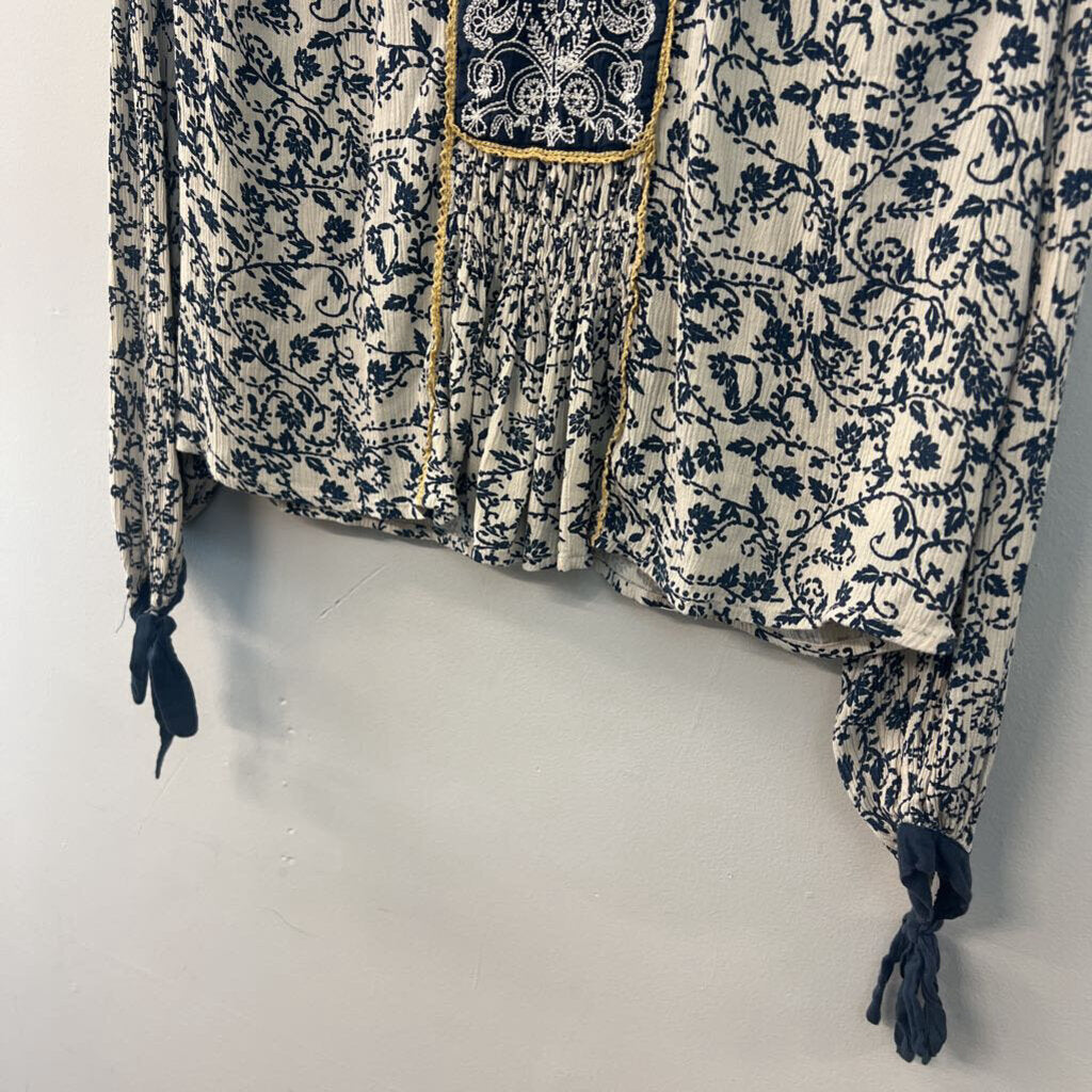 Seen Worn Kept Navy/ Cream Print Long Sleeve Top Extra Small