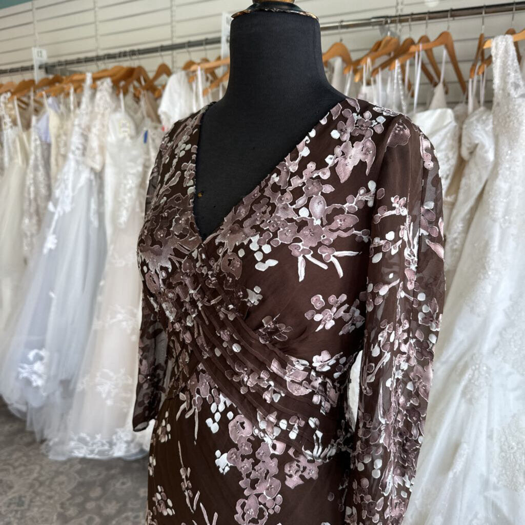 Papell Boutique Brown/ Purple Print Long Sleeve Long Formal Dress 12