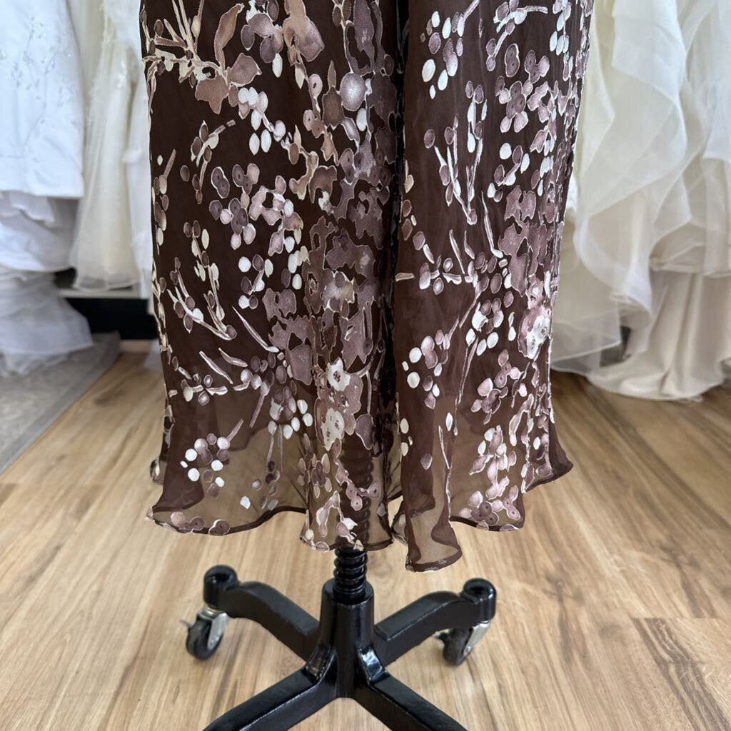 Papell Boutique Brown/ Purple Print Long Sleeve Long Formal Dress 12