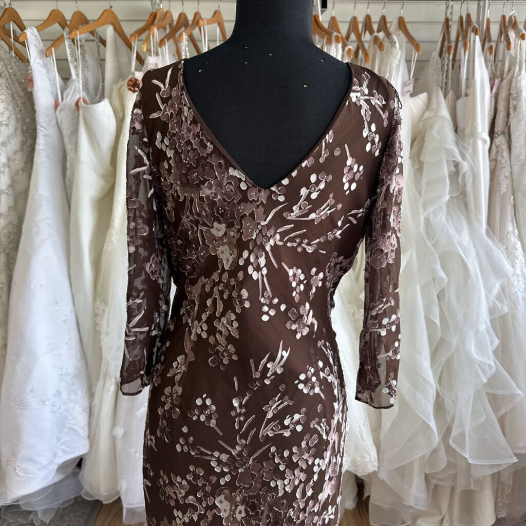Papell Boutique Brown/ Purple Print Long Sleeve Long Formal Dress 12