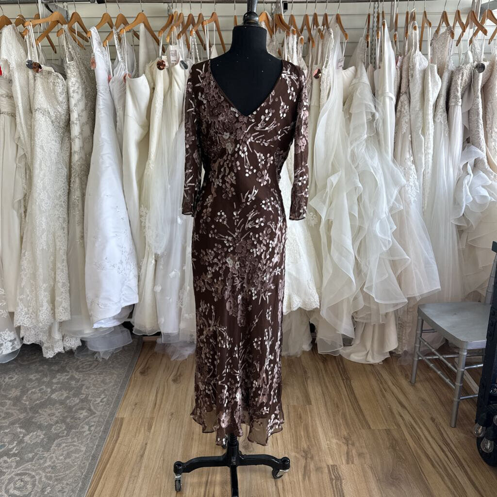 Papell Boutique Brown/ Purple Print Long Sleeve Long Formal Dress 12