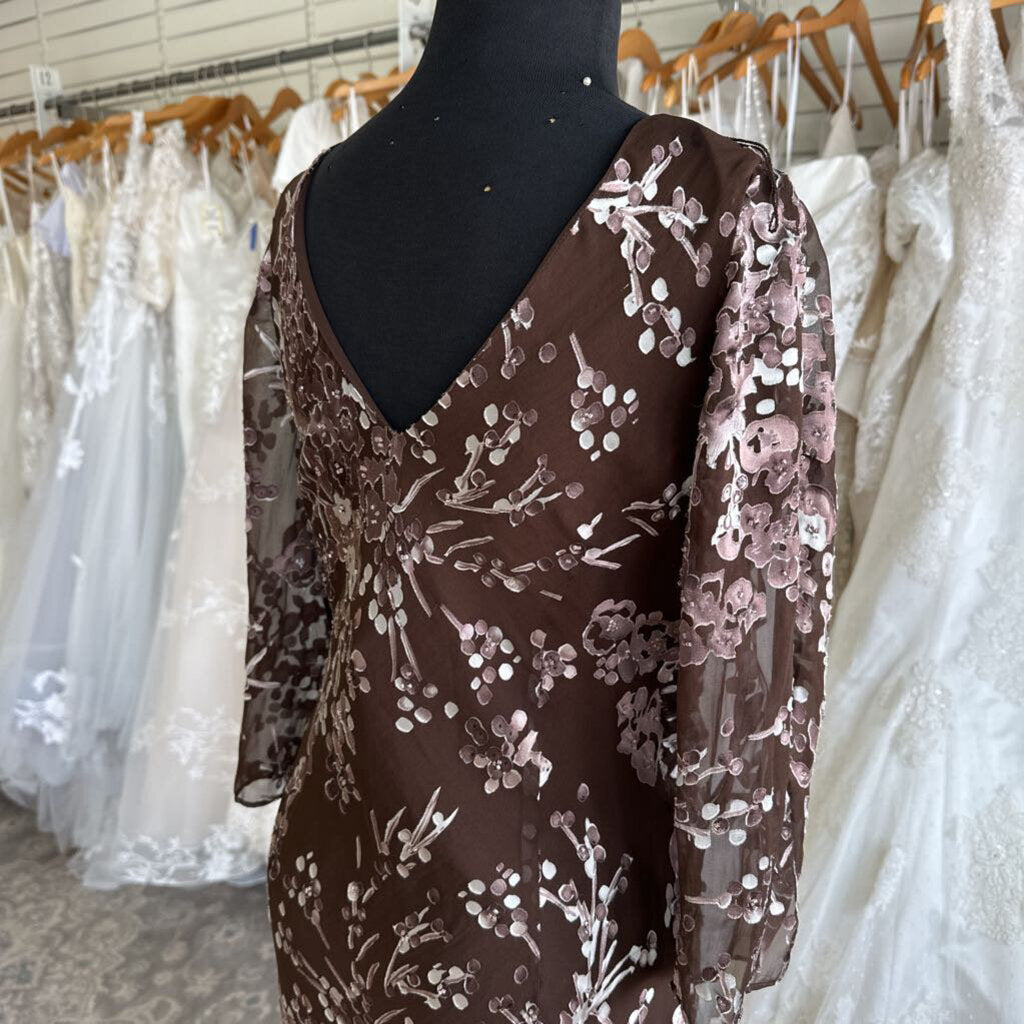 Papell Boutique Brown/ Purple Print Long Sleeve Long Formal Dress 12