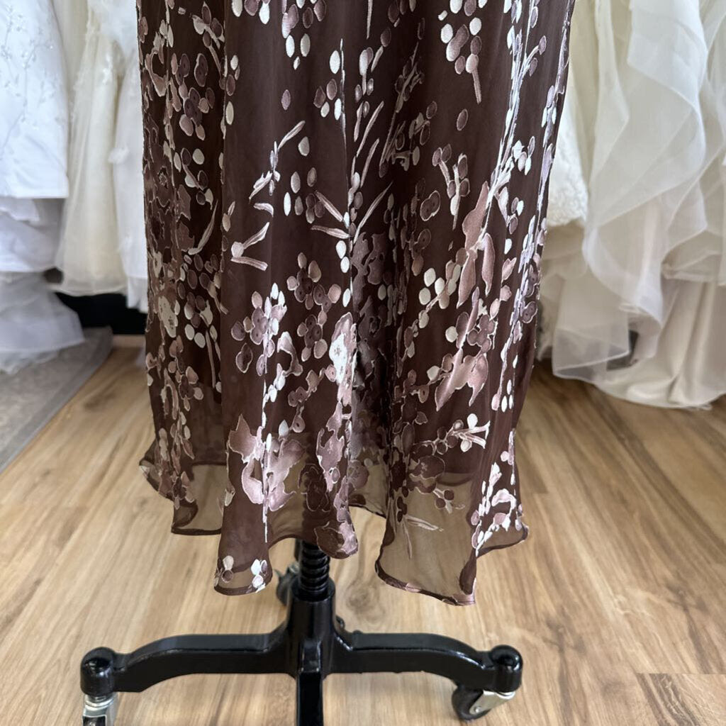 Papell Boutique Brown/ Purple Print Long Sleeve Long Formal Dress 12
