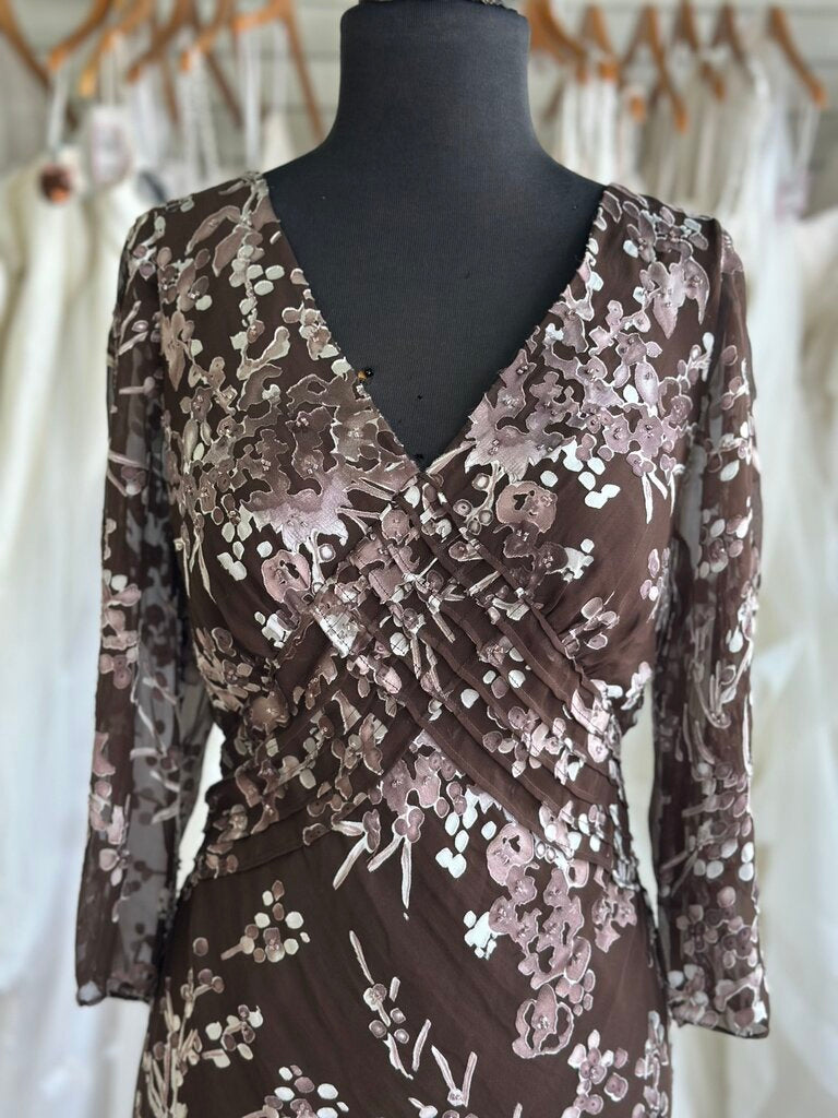 Papell Boutique Brown/ Purple Print Long Sleeve Long Formal Dress 12