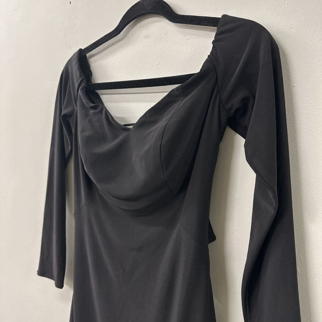 La Femme Black Long Sleeve Lace Up Back Short Formal Dress 6