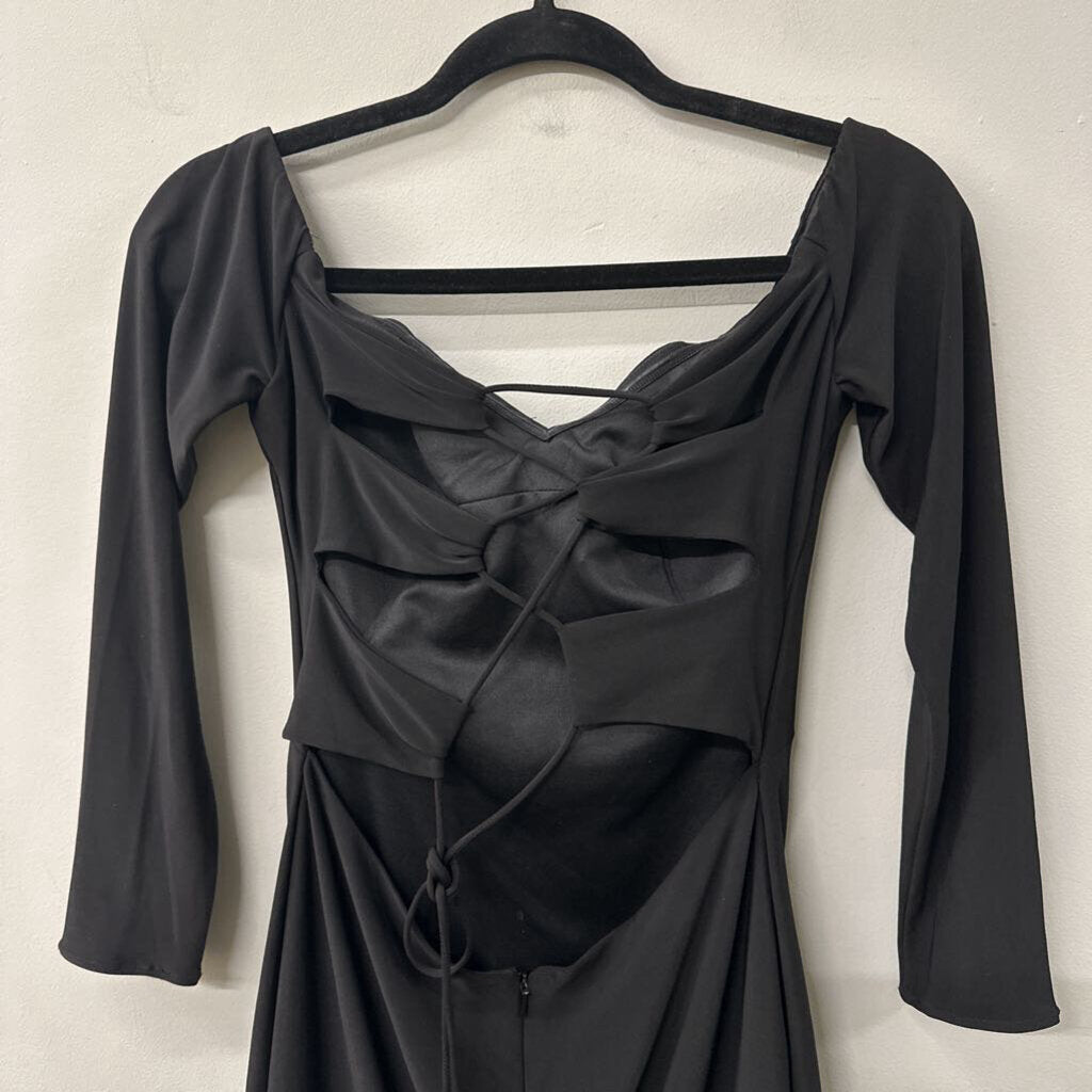 La Femme Black Long Sleeve Lace Up Back Short Formal Dress 6