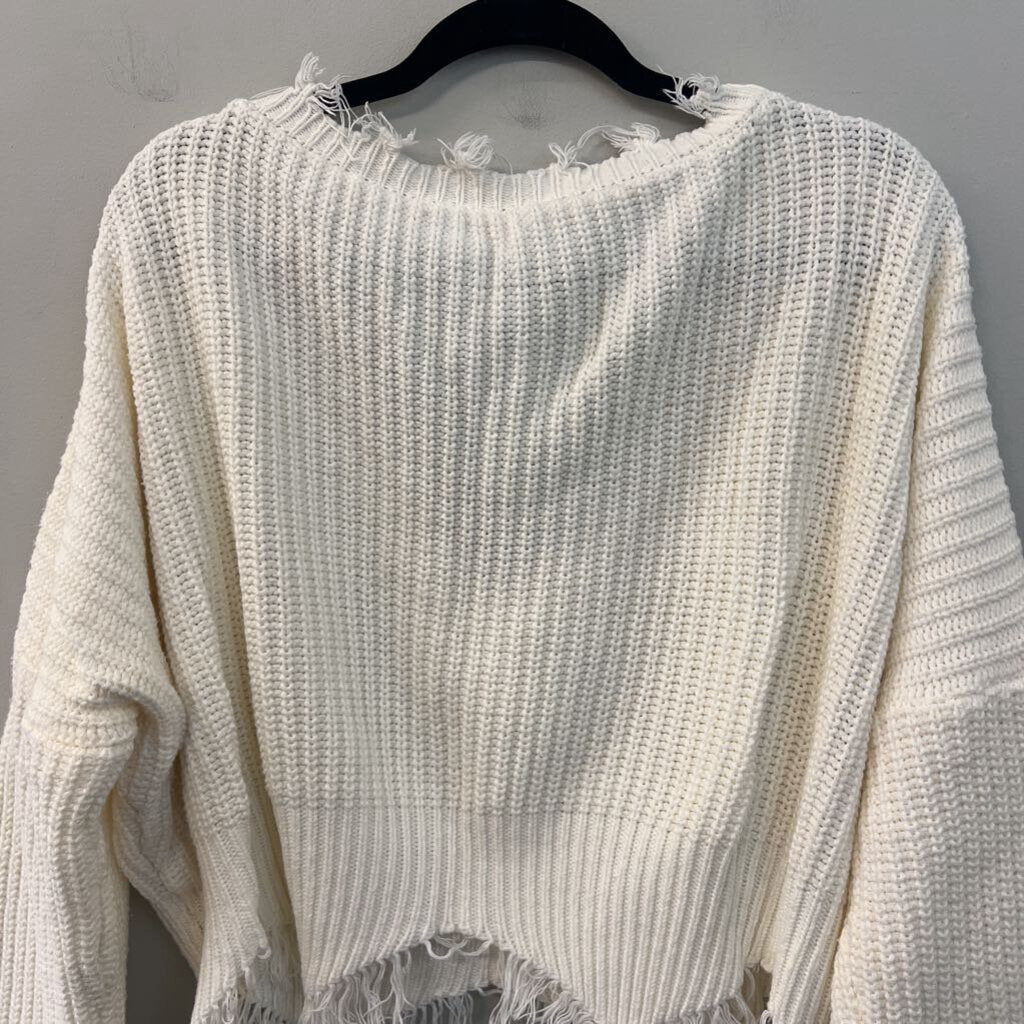 White Knit Frayed Edge Cropped Long Sleeve Sweater Top Medium