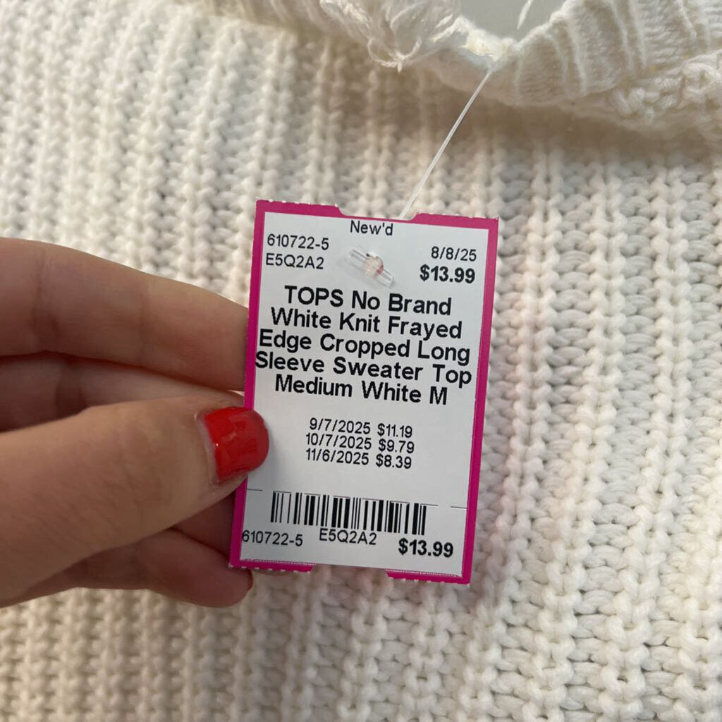 White Knit Frayed Edge Cropped Long Sleeve Sweater Top Medium