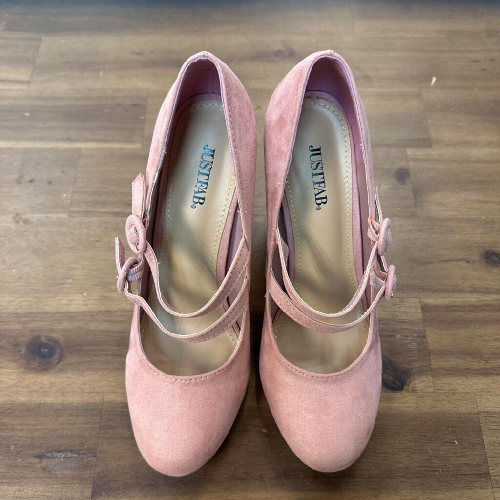 Just Fab Pink Suede Round Toe Double Strap Zenobiah Heels 8.5