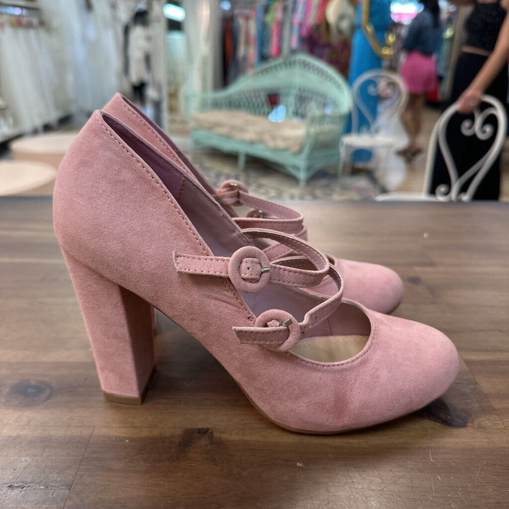 Just Fab Pink Suede Round Toe Double Strap Zenobiah Heels 8.5