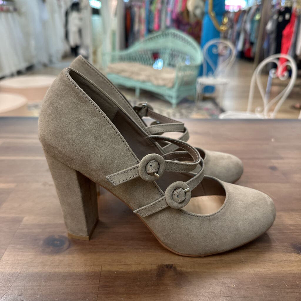 Just Fab Grey Suede Round Toe Double Strap Zenobiah Heels 8.5
