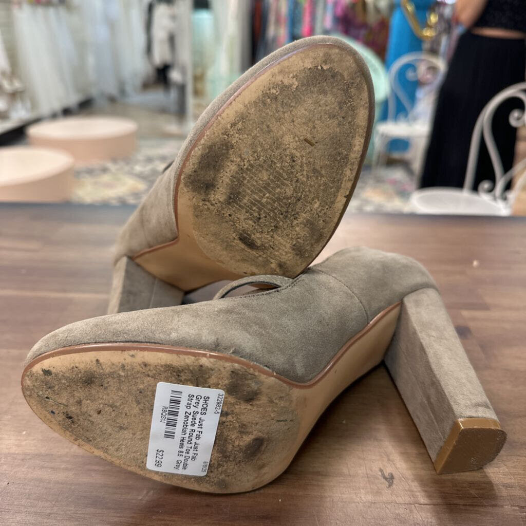 Just Fab Grey Suede Round Toe Double Strap Zenobiah Heels 8.5