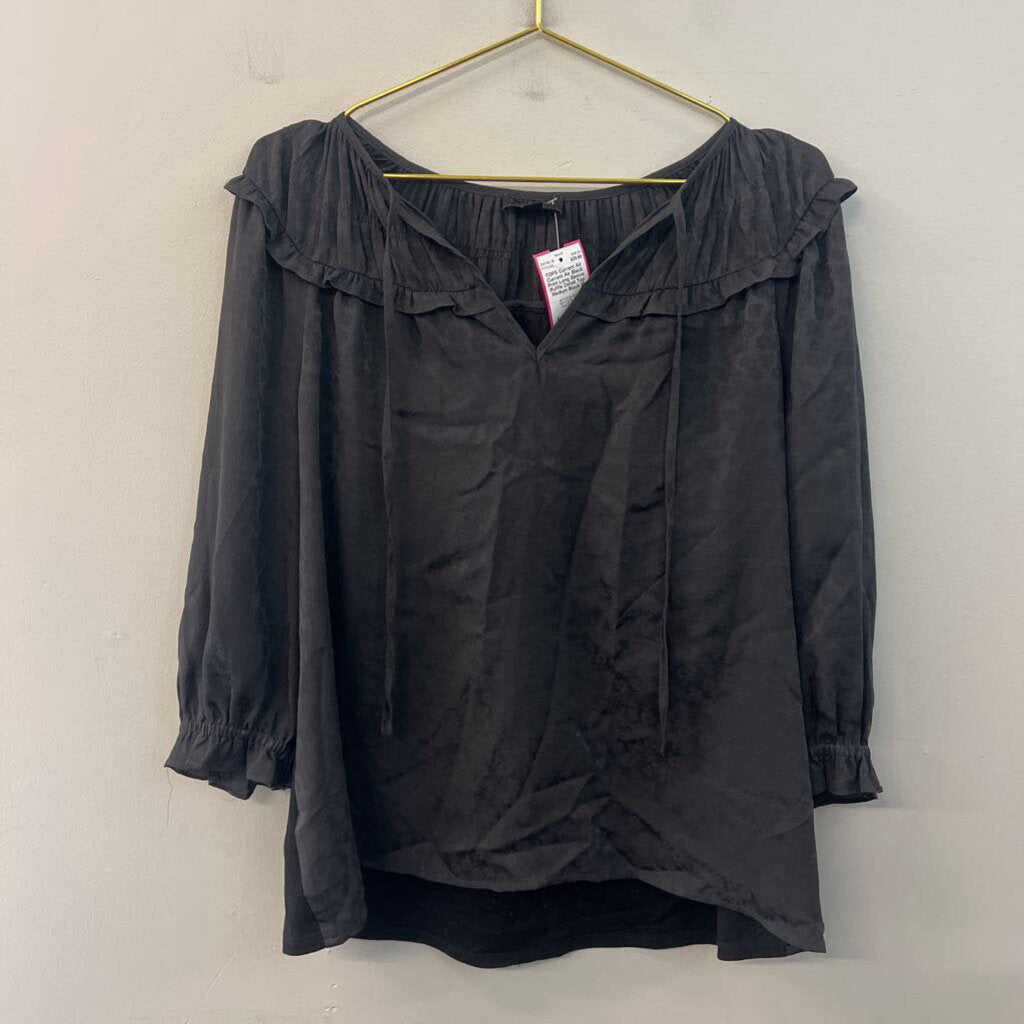 Current Air Black Print Long Sleeve Ruffle Detail Top Medium