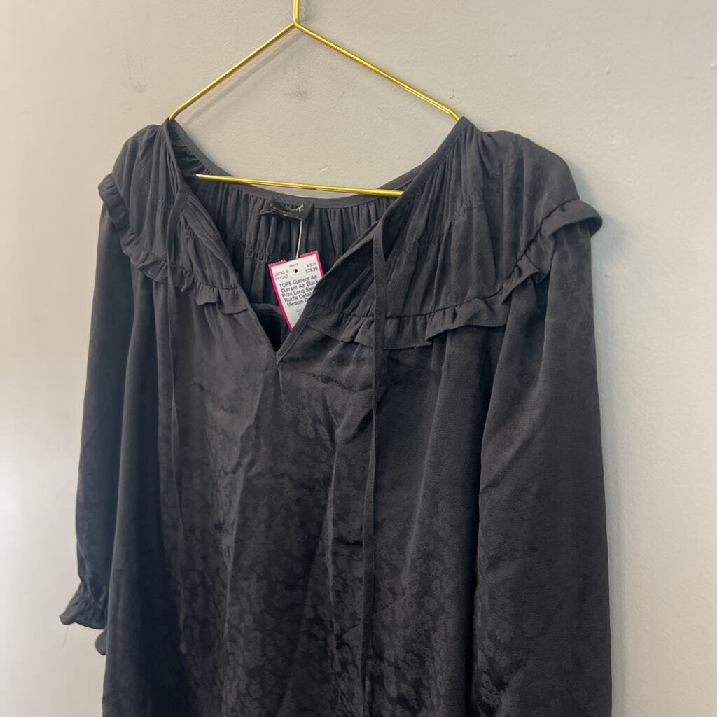 Current Air Black Print Long Sleeve Ruffle Detail Top Medium