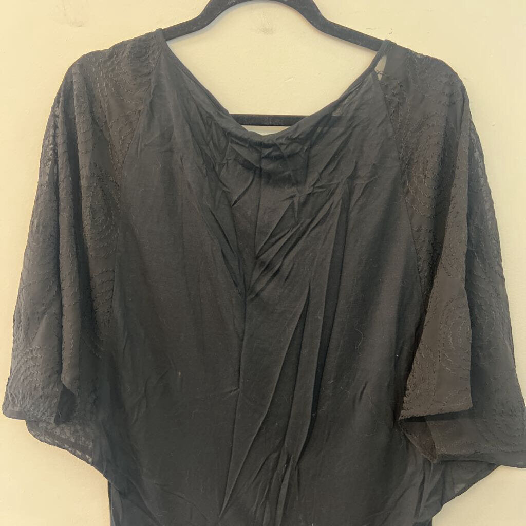 Language Black Embroidered Short Sleeve Top Medium