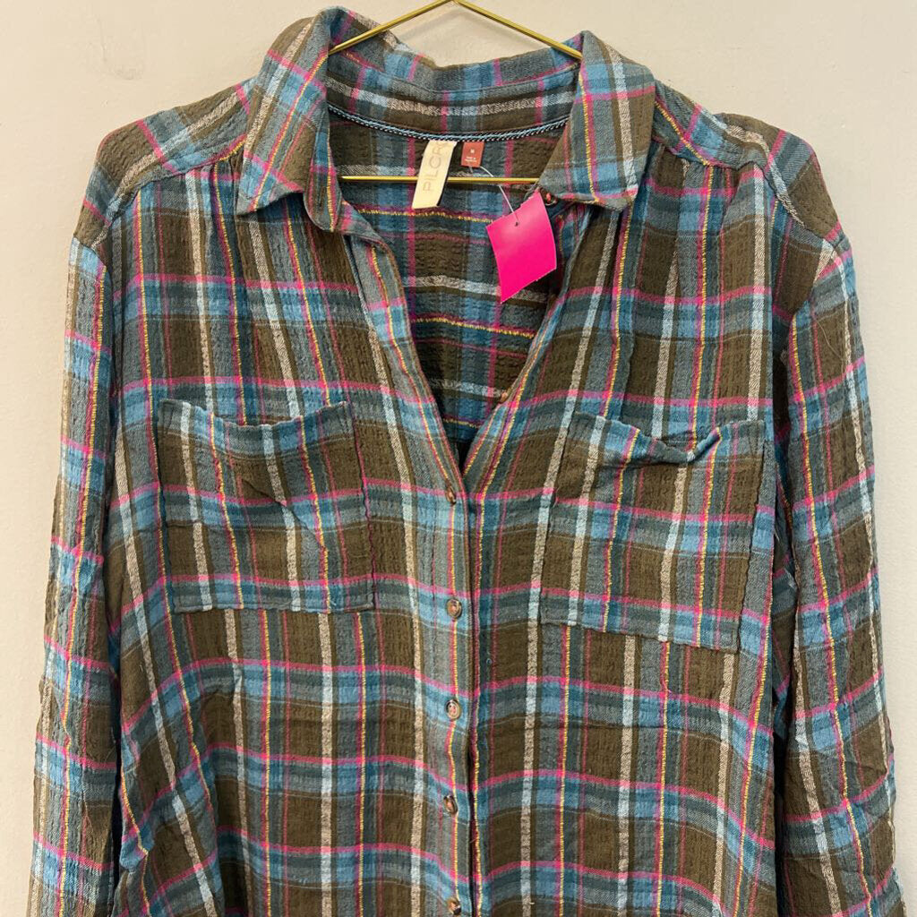 Pilcro Green/ Multi Plaid Long Sleeve Button Down Top Medium