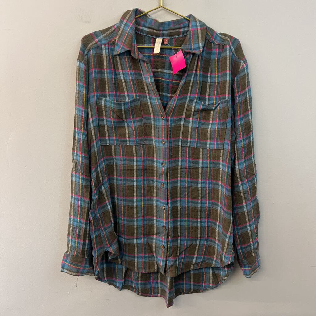Pilcro Green/ Multi Plaid Long Sleeve Button Down Top Medium
