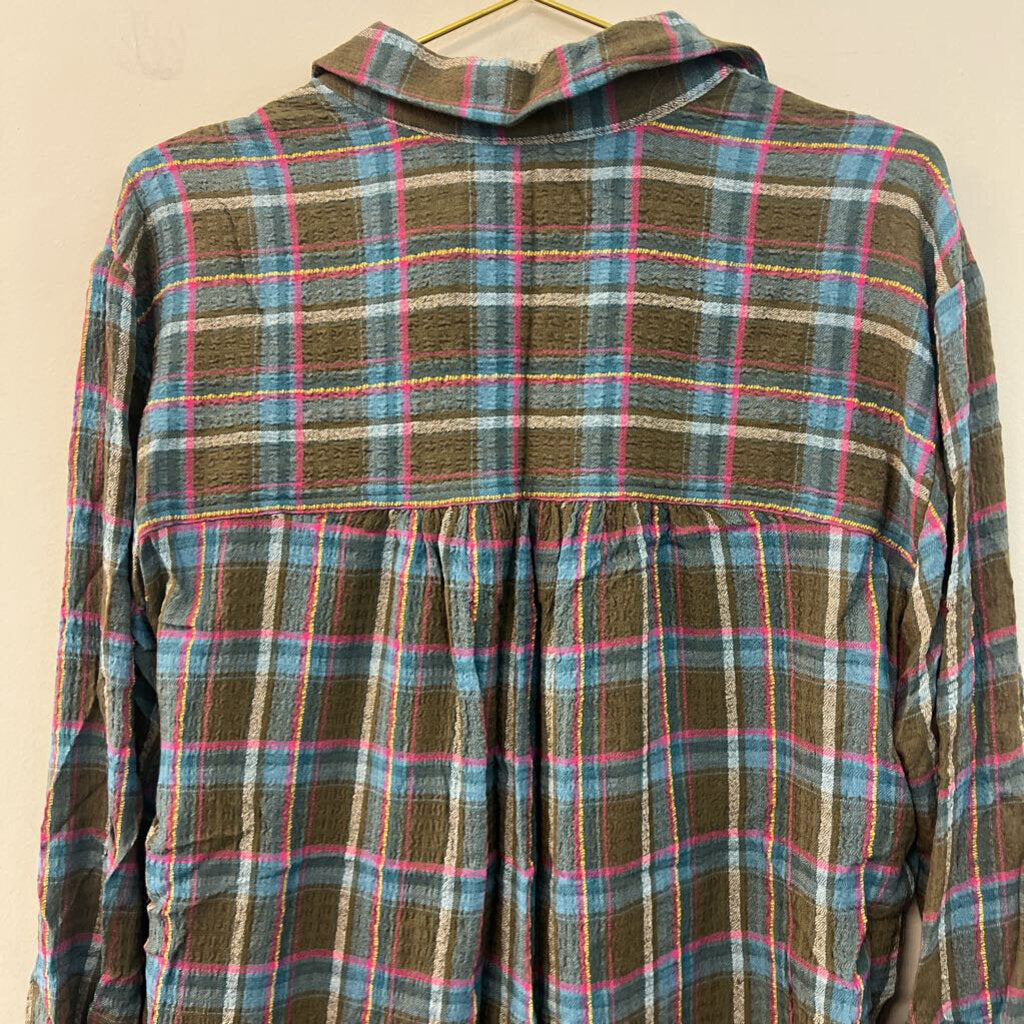 Pilcro Green/ Multi Plaid Long Sleeve Button Down Top Medium