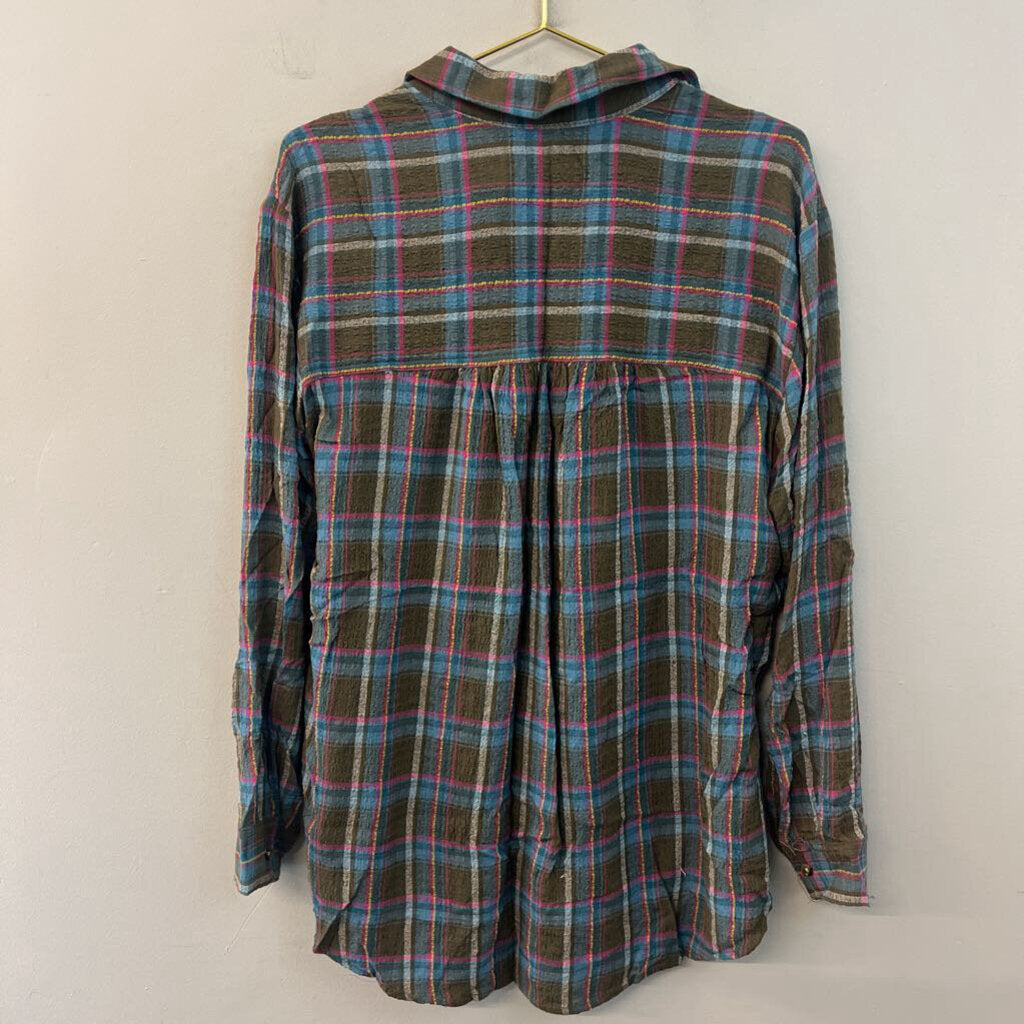 Pilcro Green/ Multi Plaid Long Sleeve Button Down Top Medium