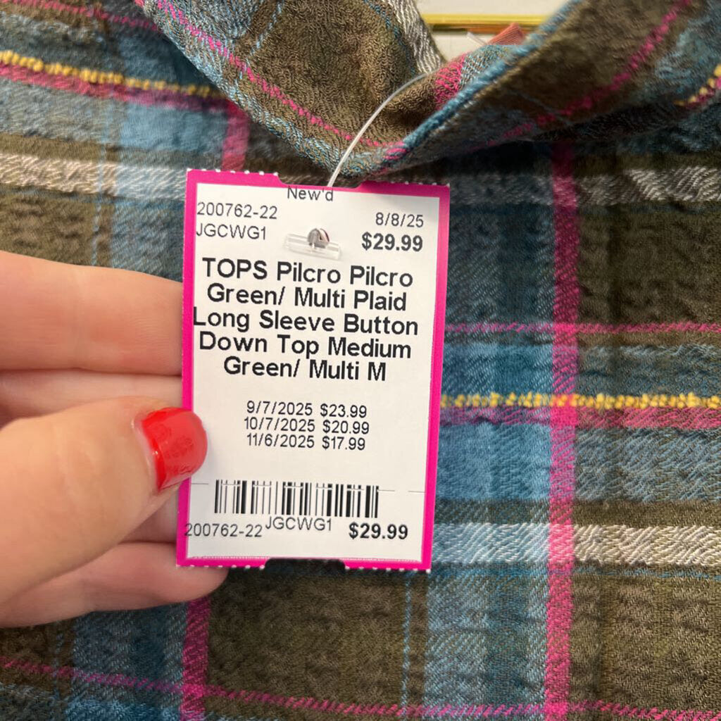 Pilcro Green/ Multi Plaid Long Sleeve Button Down Top Medium