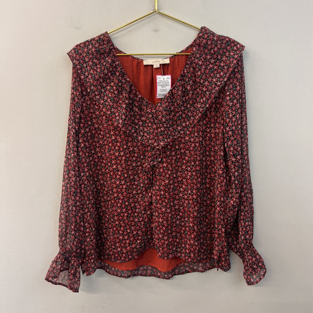 Loft Black/ Red Flower Print Long Sleeve Top Medium