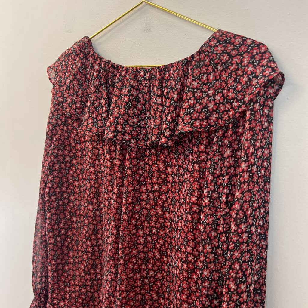 Loft Black/ Red Flower Print Long Sleeve Top Medium