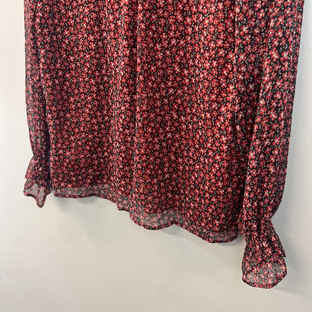 Loft Black/ Red Flower Print Long Sleeve Top Medium