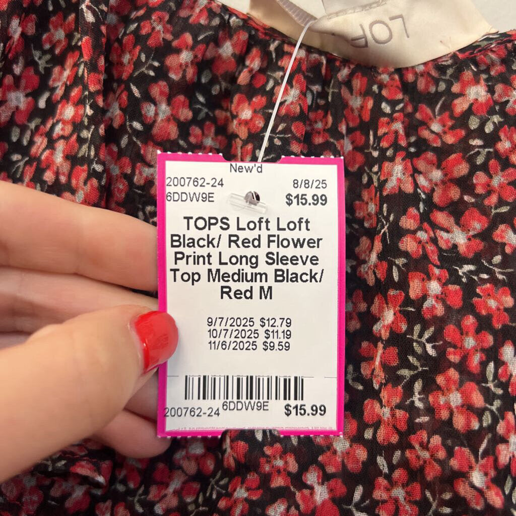 Loft Black/ Red Flower Print Long Sleeve Top Medium