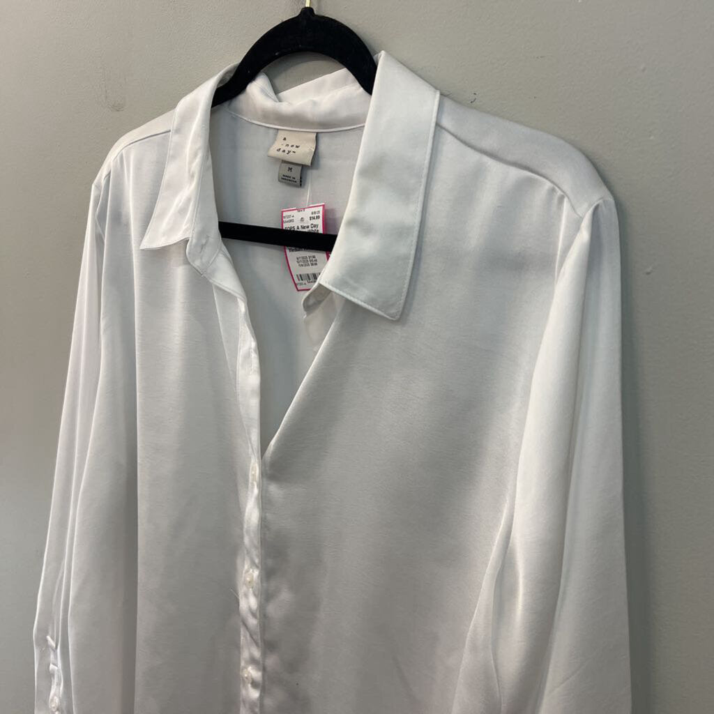 A New Day White Silky Long Sleeve Button Down Top Medium