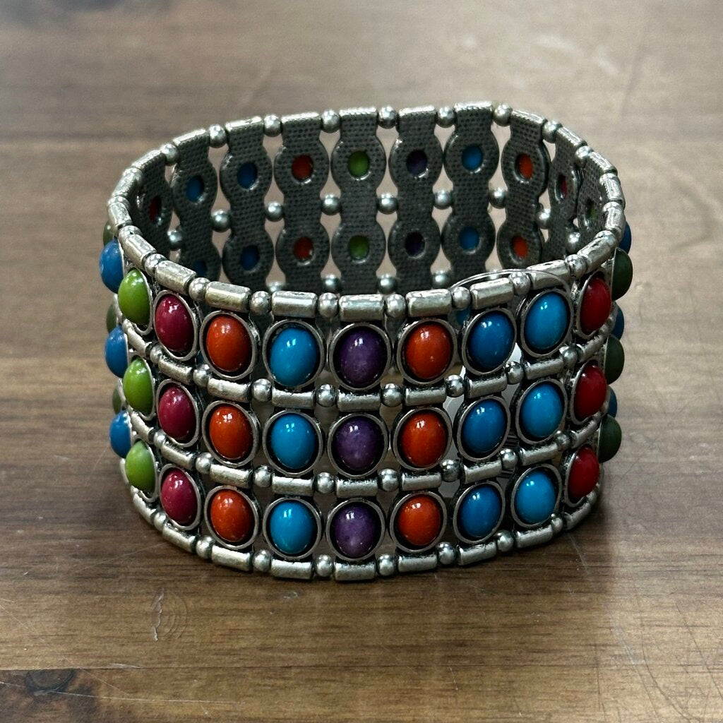 Silver/ Multi Beaded Thick Stretchy Bracelet