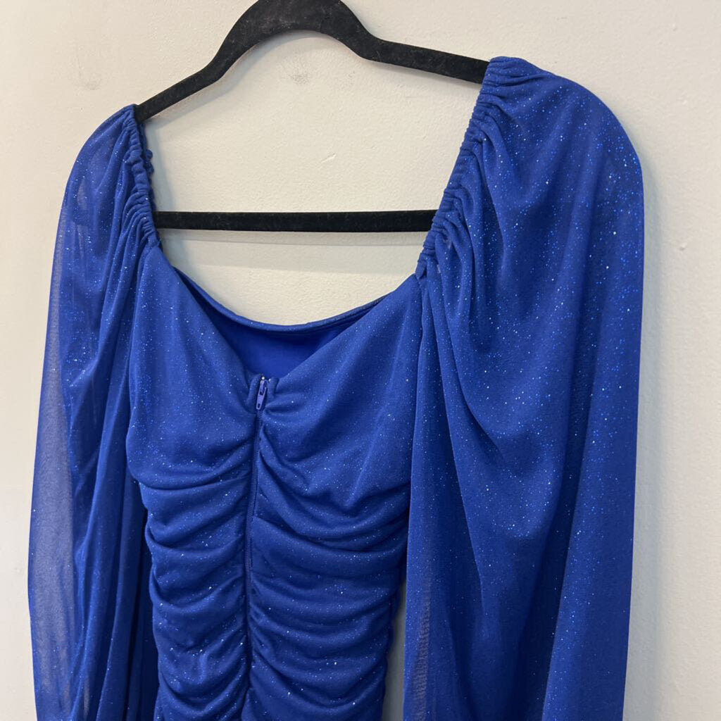 B Darlin Blue Shimmer Long Sleeve Short Formal Dress 1/2