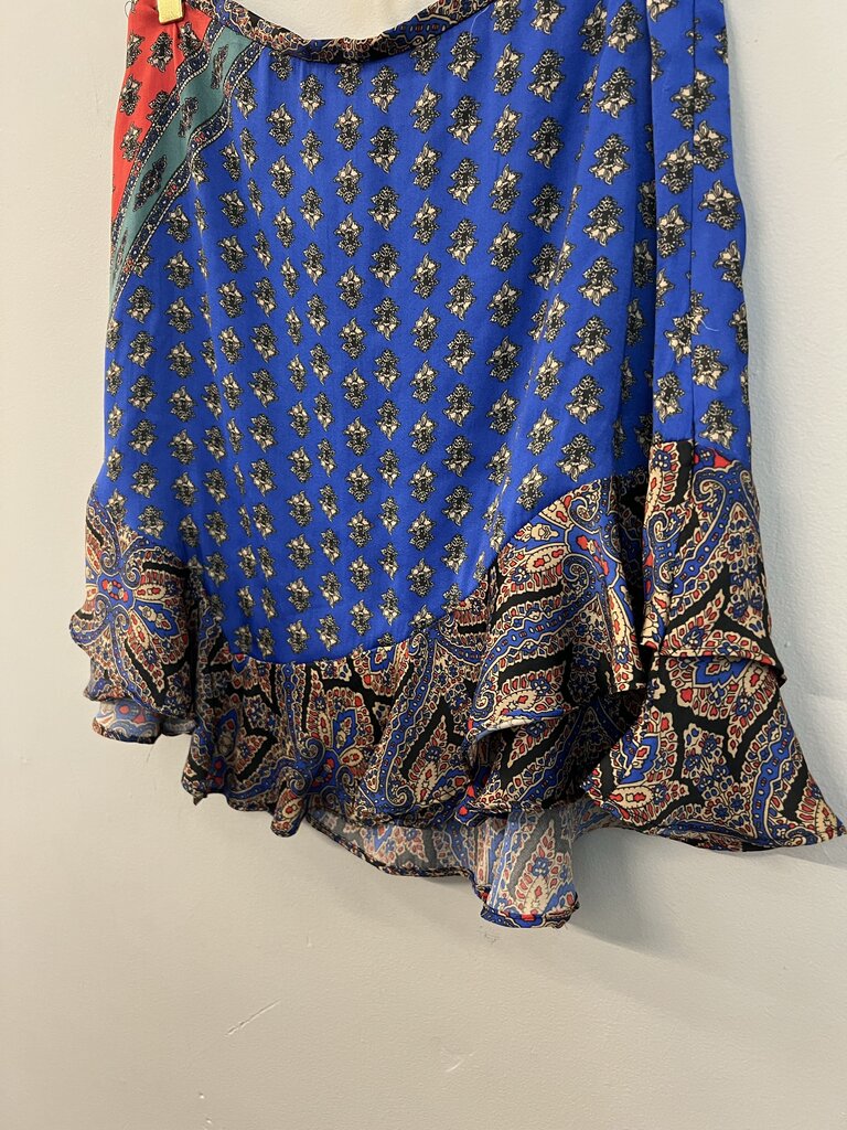 Free People Blue/ Multi Ruffle Hem Silky Print Mini Skirt 6