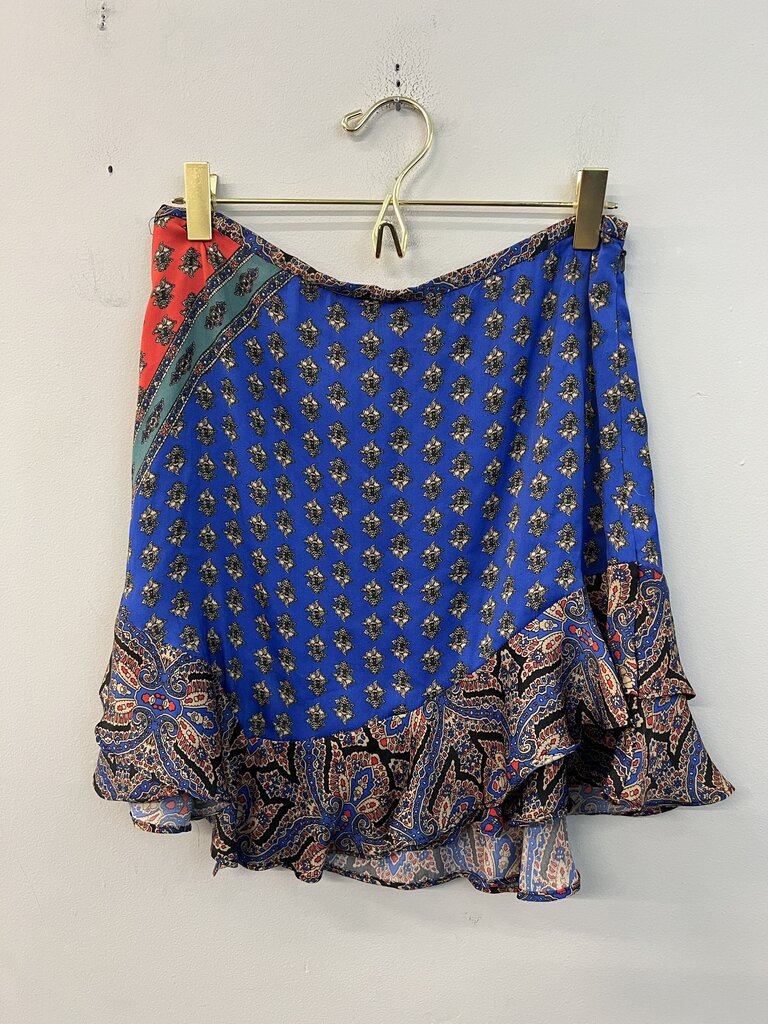 Free People Blue/ Multi Ruffle Hem Silky Print Mini Skirt 6
