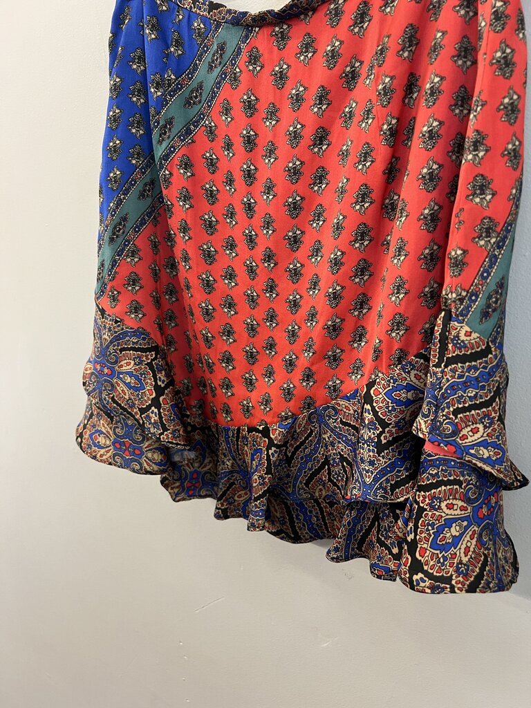 Free People Blue/ Multi Ruffle Hem Silky Print Mini Skirt 6