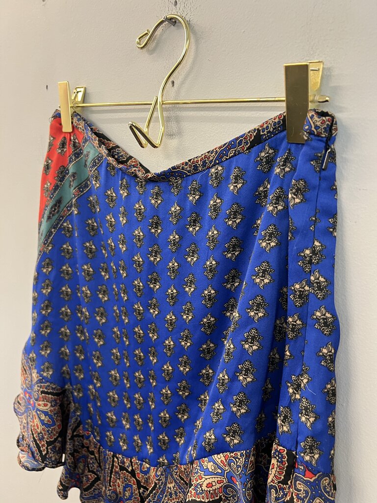Free People Blue/ Multi Ruffle Hem Silky Print Mini Skirt 6