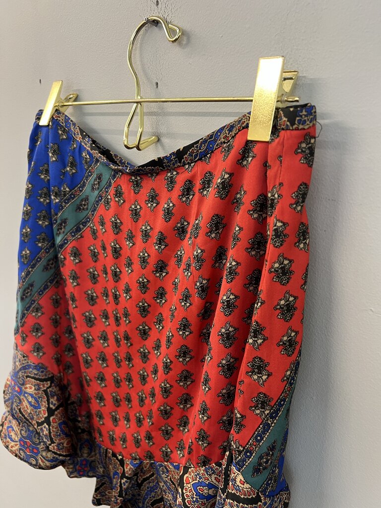 Free People Blue/ Multi Ruffle Hem Silky Print Mini Skirt 6