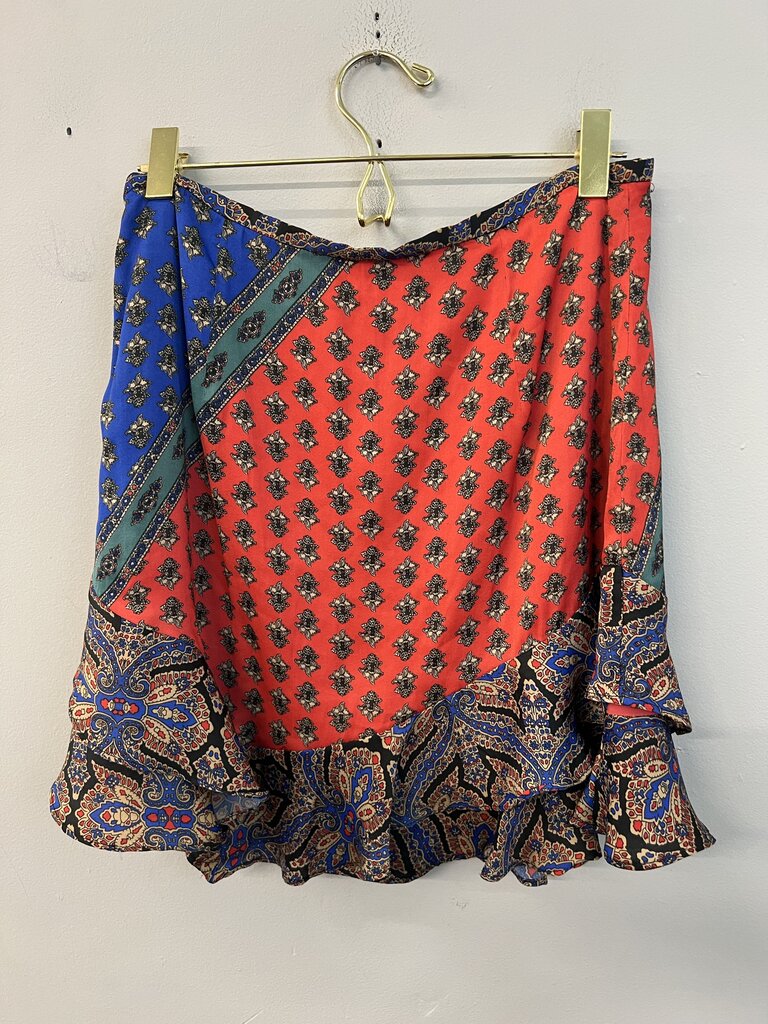 Free People Blue/ Multi Ruffle Hem Silky Print Mini Skirt 6