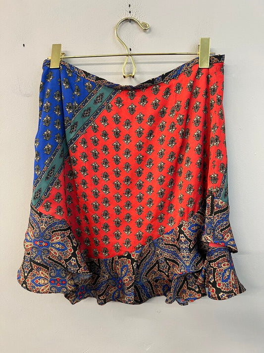 Free People Blue/ Multi Ruffle Hem Silky Print Mini Skirt 6
