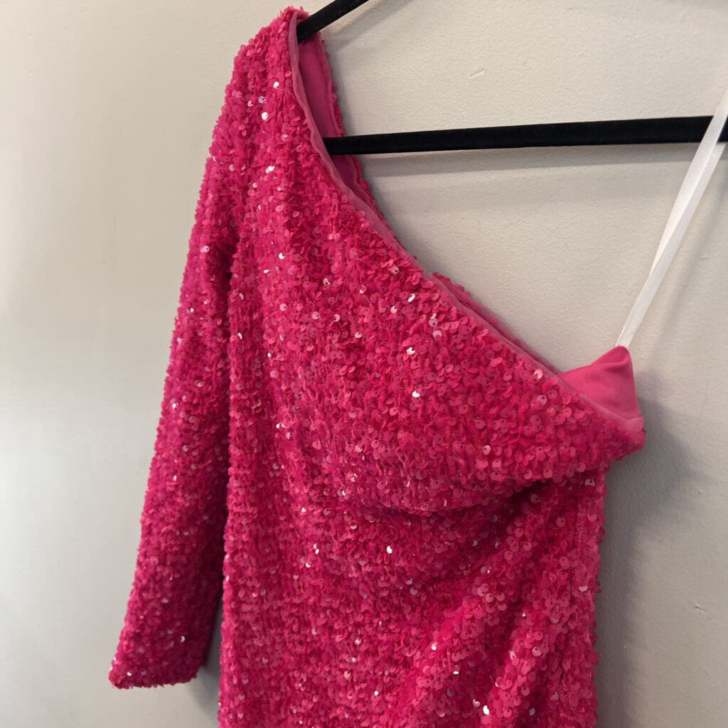 Berlinnova Pink Sequin One Shoulder Long Sleeve Short Formal Dress 4