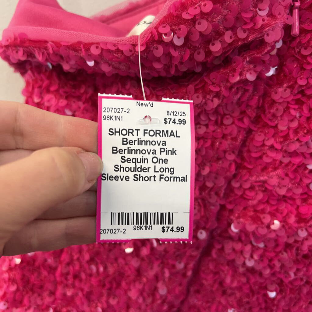 Berlinnova Pink Sequin One Shoulder Long Sleeve Short Formal Dress 4