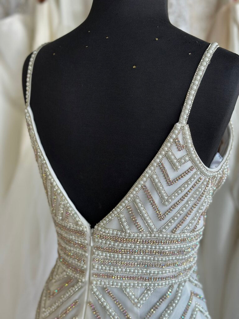 Jovani White/ Gold Embellished V Neck Long Formal Dress 4