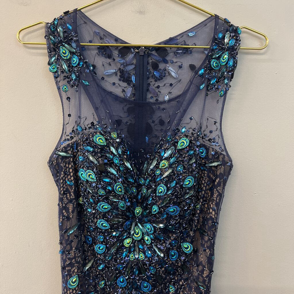 Milano Formals Navy Lace/ Beaded Peacock Short Formal Dress 4