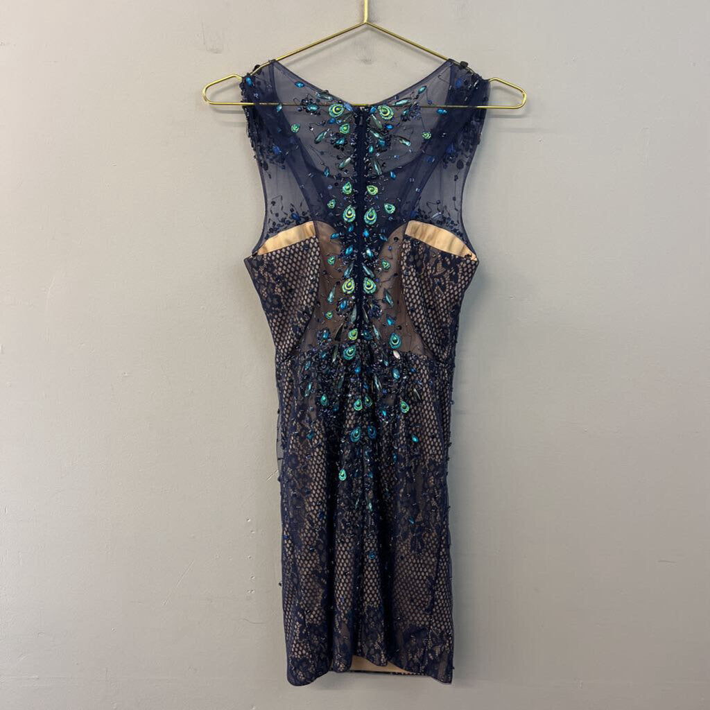 Milano Formals Navy Lace/ Beaded Peacock Short Formal Dress 4