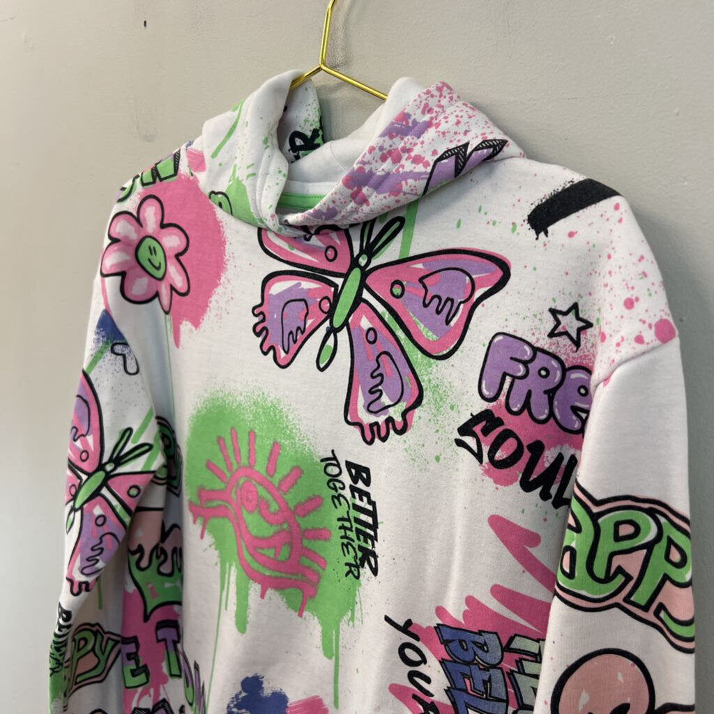 Primark White/ Multi Graffiti Hoodie Extra Small
