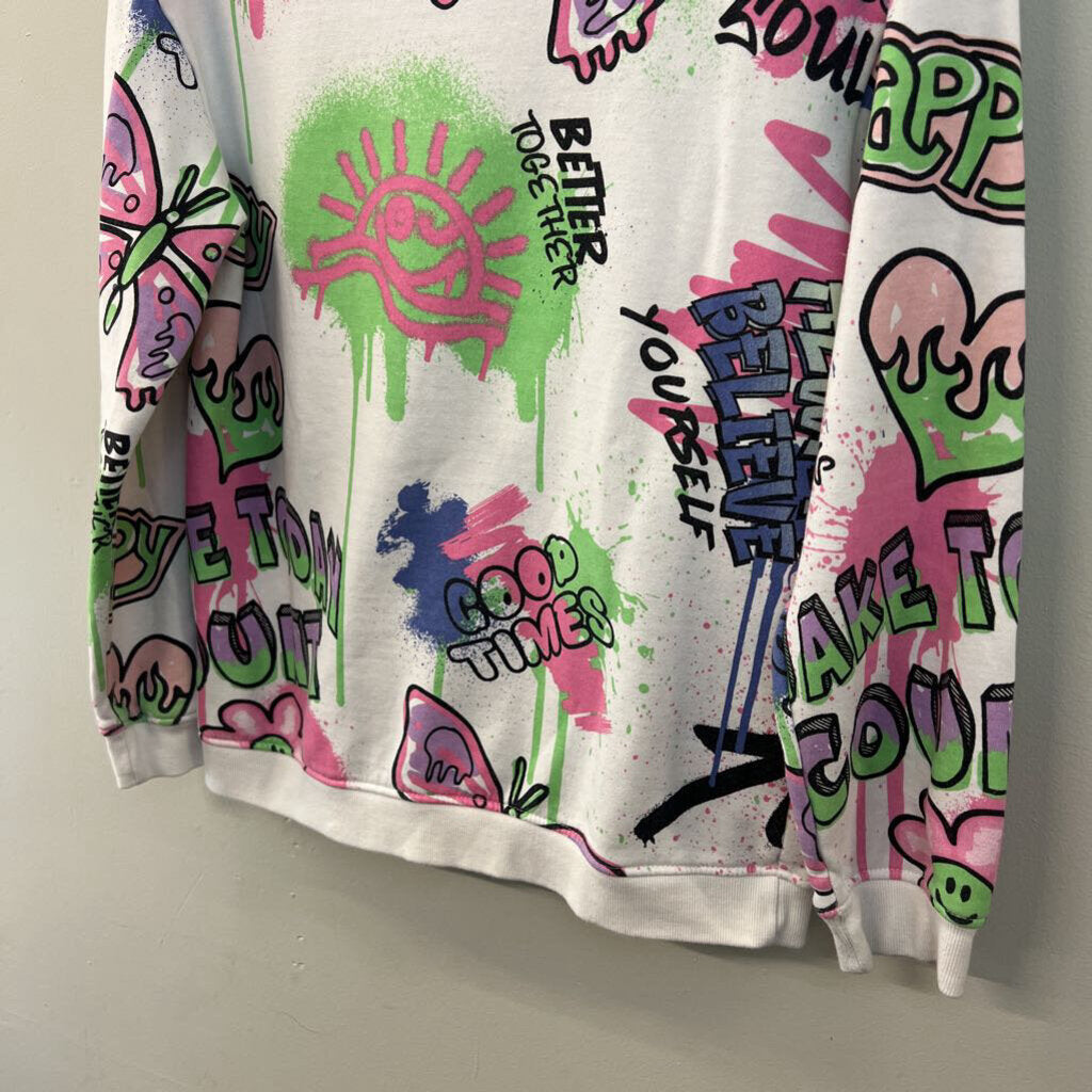 Primark White/ Multi Graffiti Hoodie Extra Small