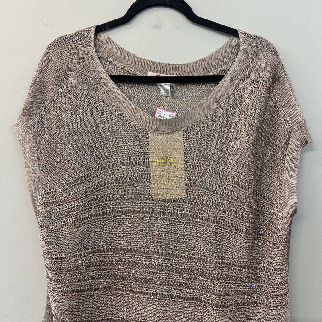 Freeway Beige Open Knit Sequin Short Sleeve Top Medium