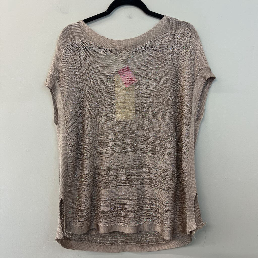 Freeway Beige Open Knit Sequin Short Sleeve Top Medium
