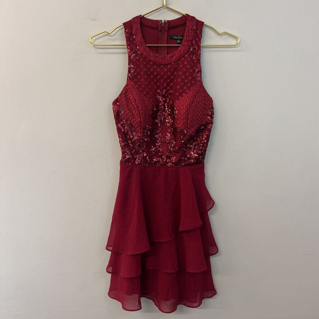 City Studio Red Embroidered Sequin High Neck Top Short Formal Dress 1