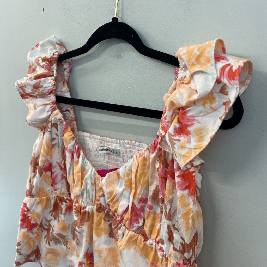 Abercrombie and Fitch White/ Orange Print Cropped Short Ruffle Sleeve Top Large