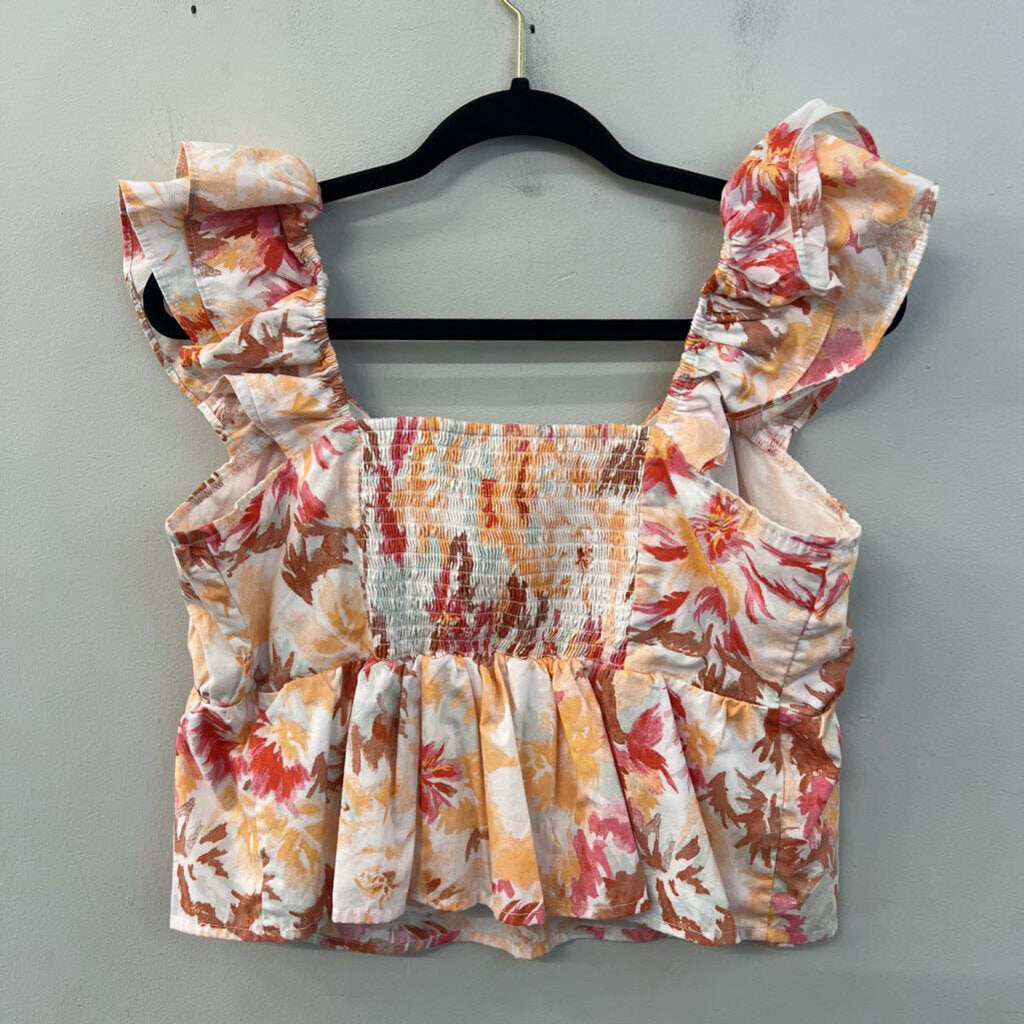 Abercrombie and Fitch White/ Orange Print Cropped Short Ruffle Sleeve Top Large